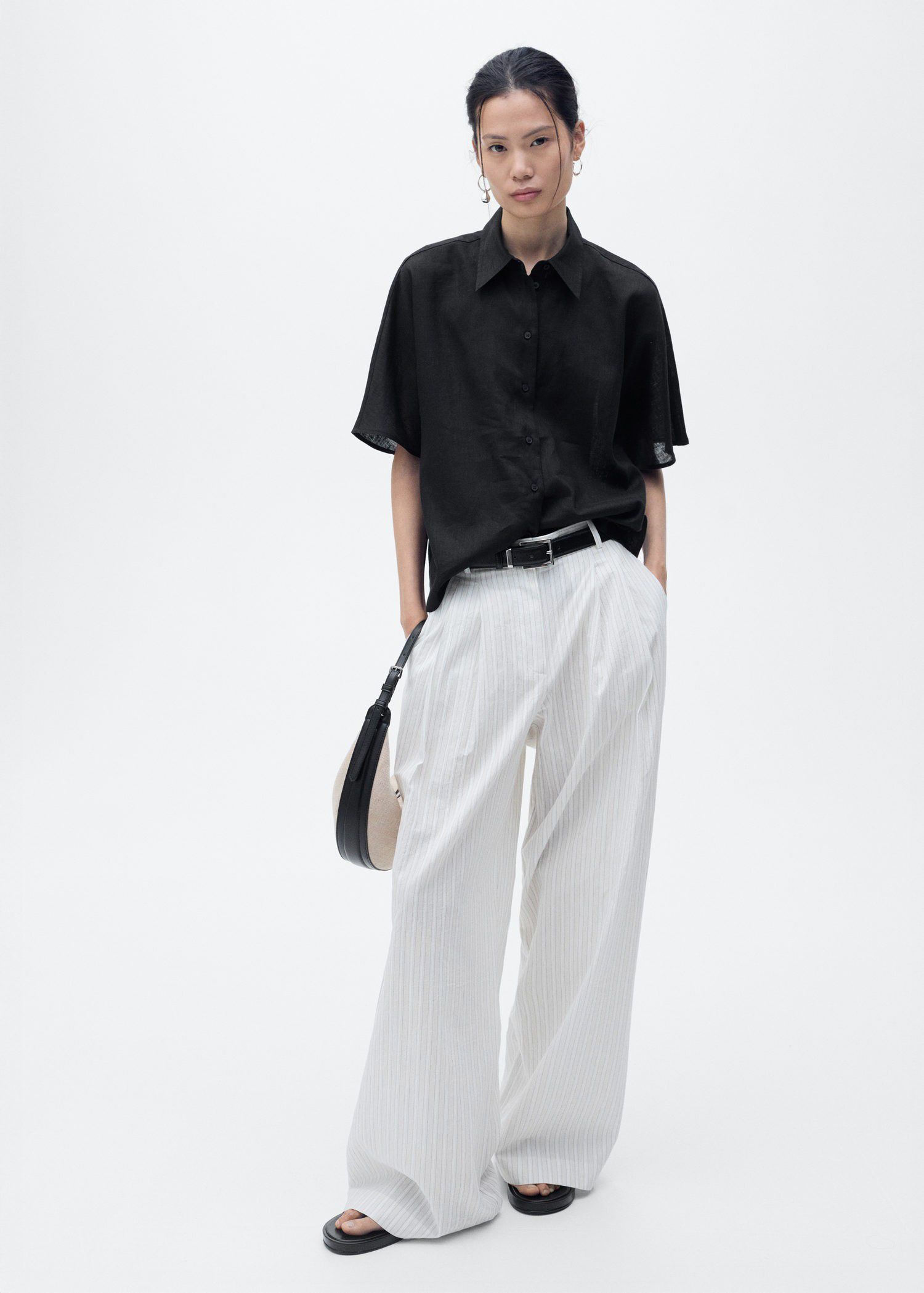 Short sleeve linen-blend shirt