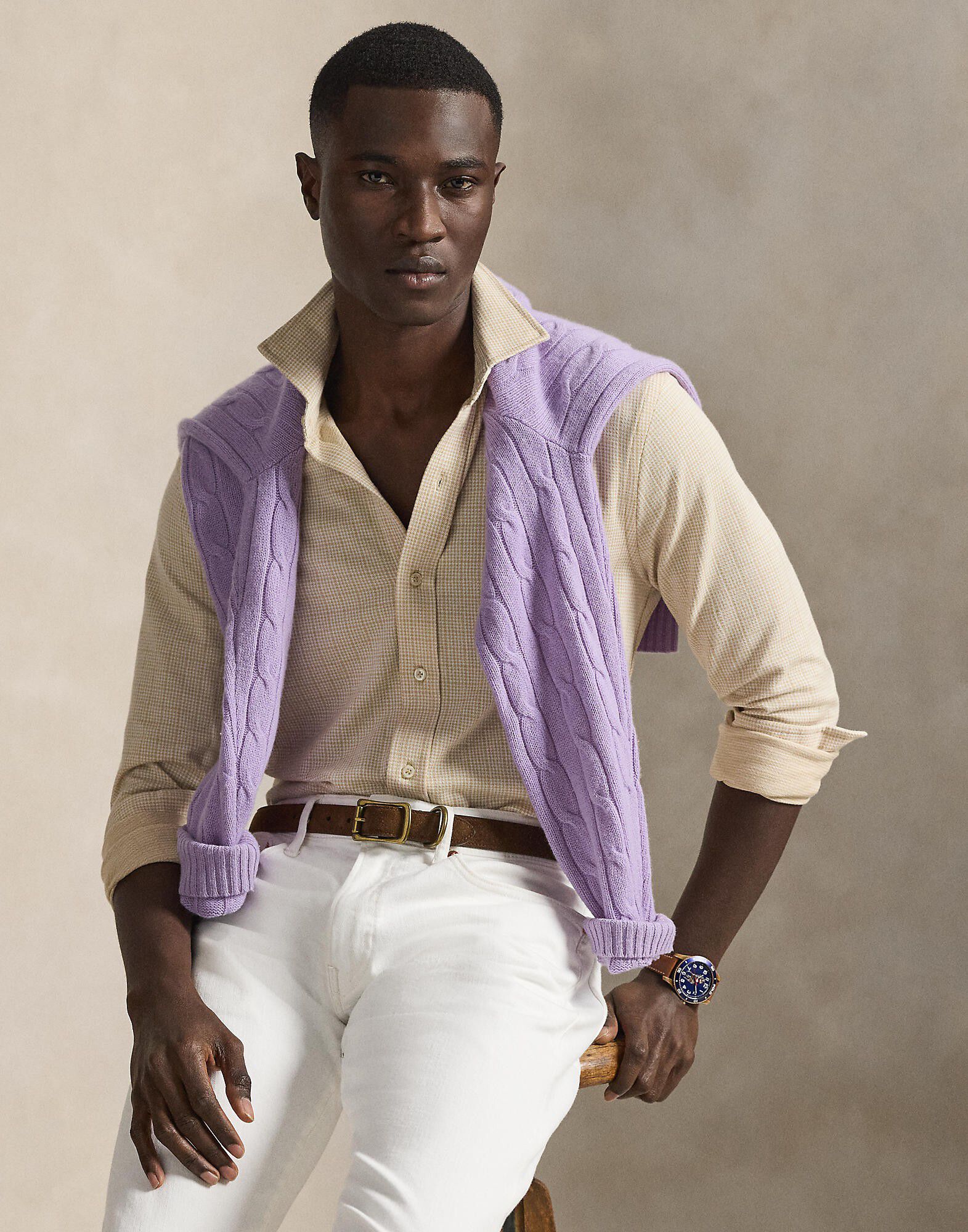 Plaid Jersey Spread-Collar Shirt