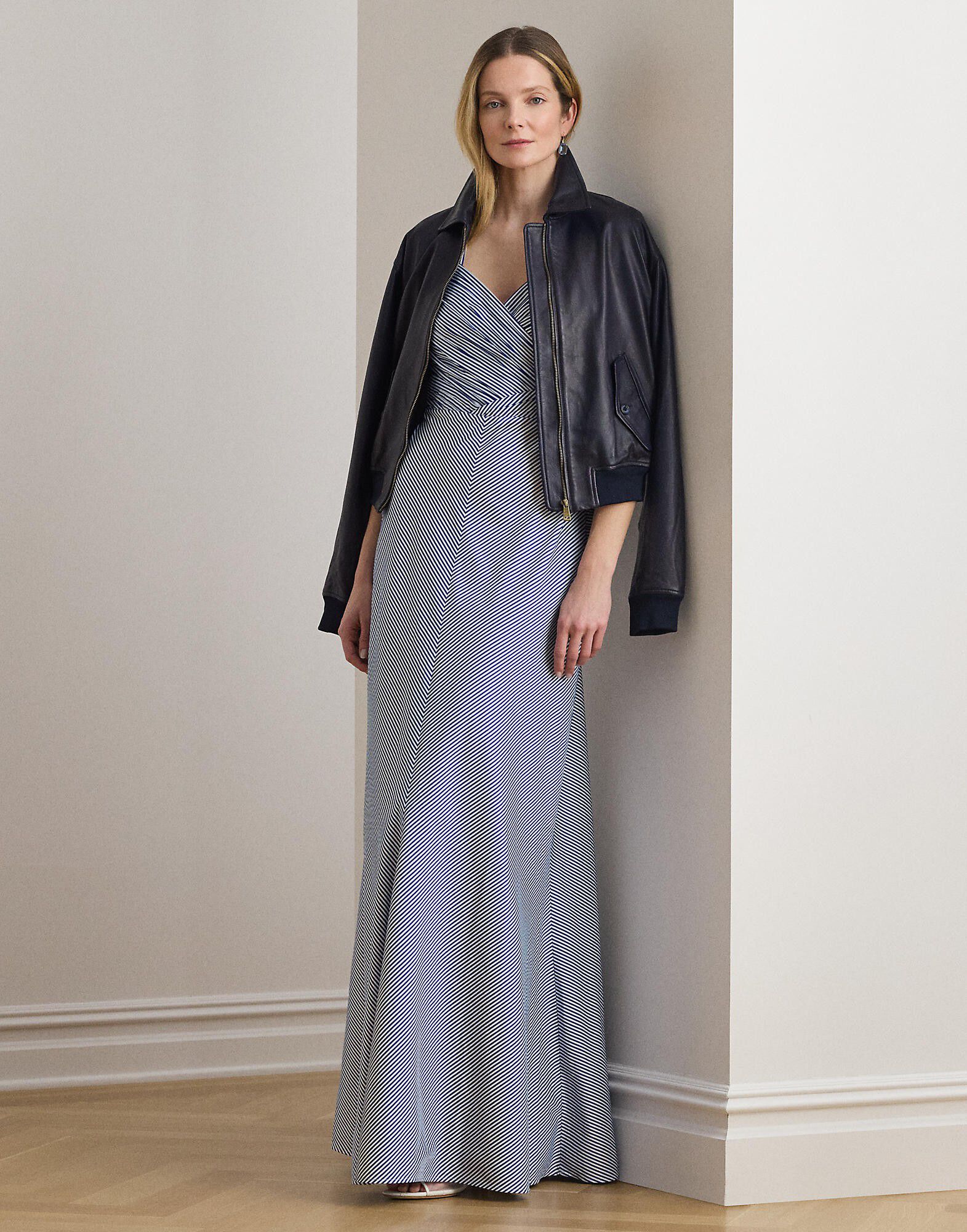 Striped Pleated Taffeta Sleeveless Gown