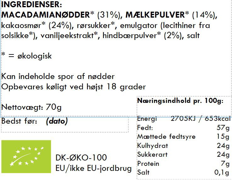 Macadamian&oslash;dder / salt / hindb&aelig;r / hvid chokolade