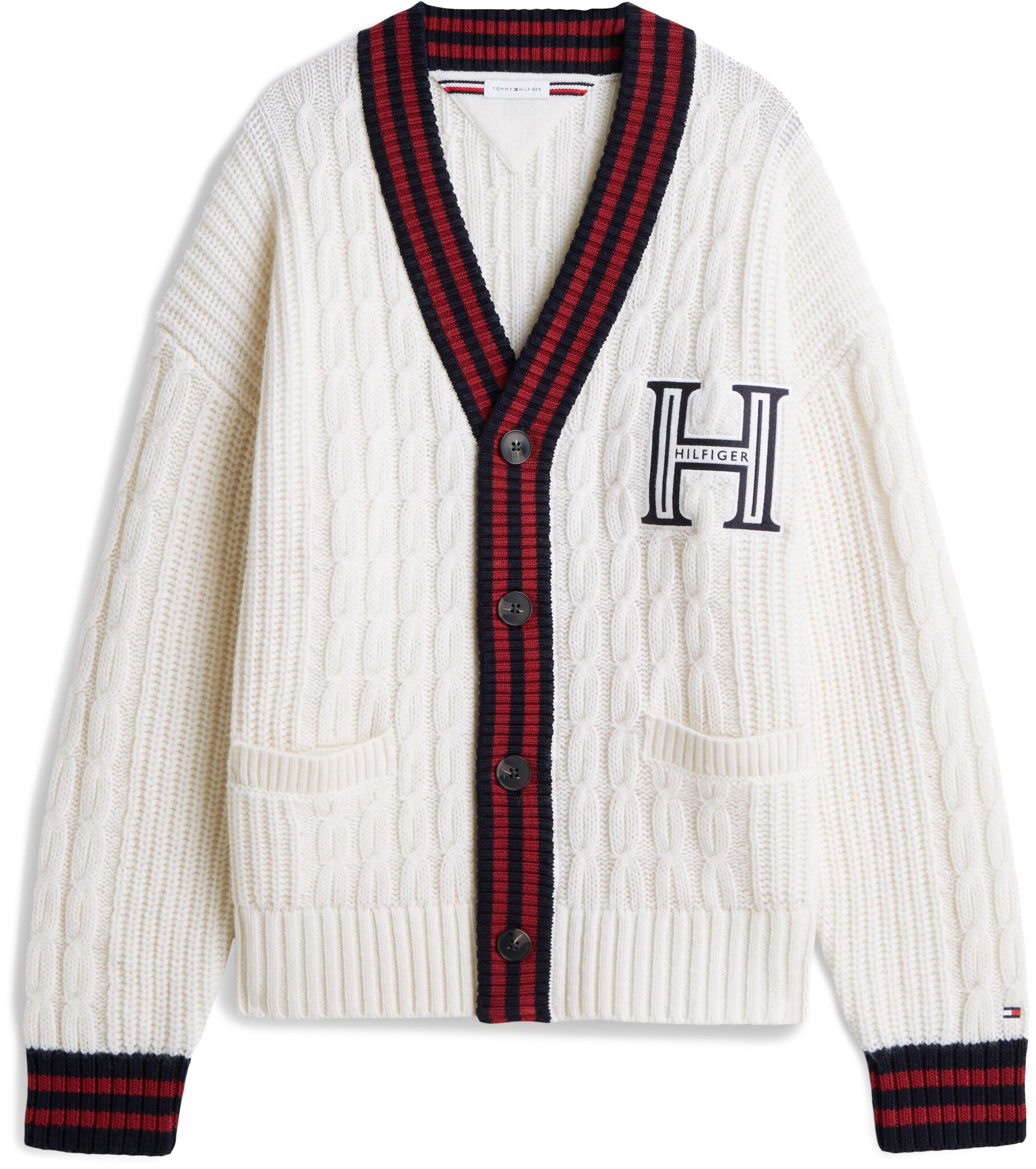 Cable Knit Wool Blend Letterman Cardigan