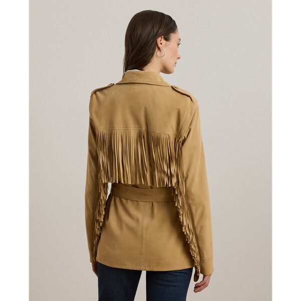 Fringe-Trim Belted Goat-Suede Jacket