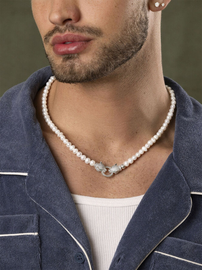 Pearl Choker with Double Panther Head in Silver