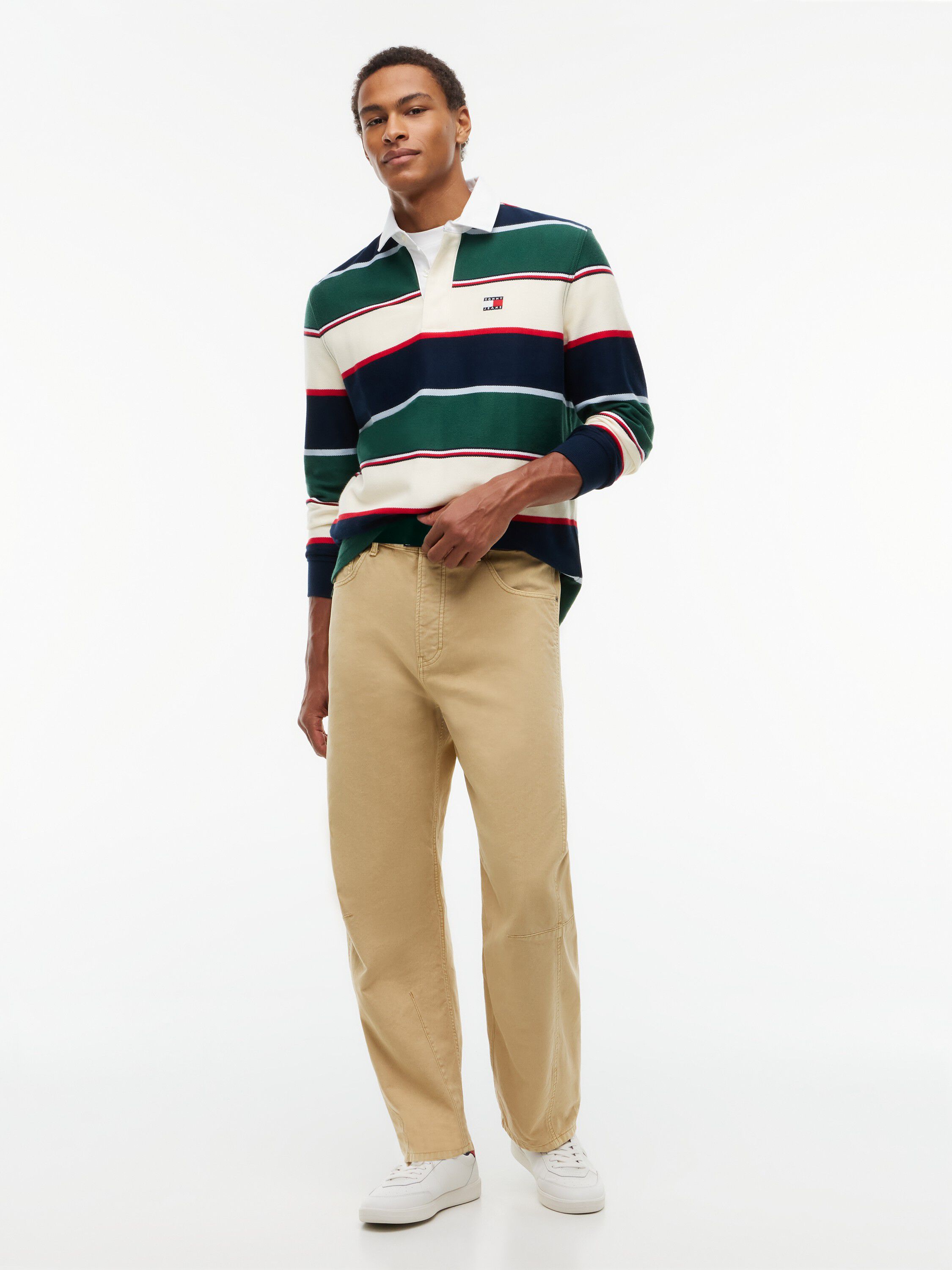 Relaxed Fit Rugby Stripe Long Sleeve Polo Shirt