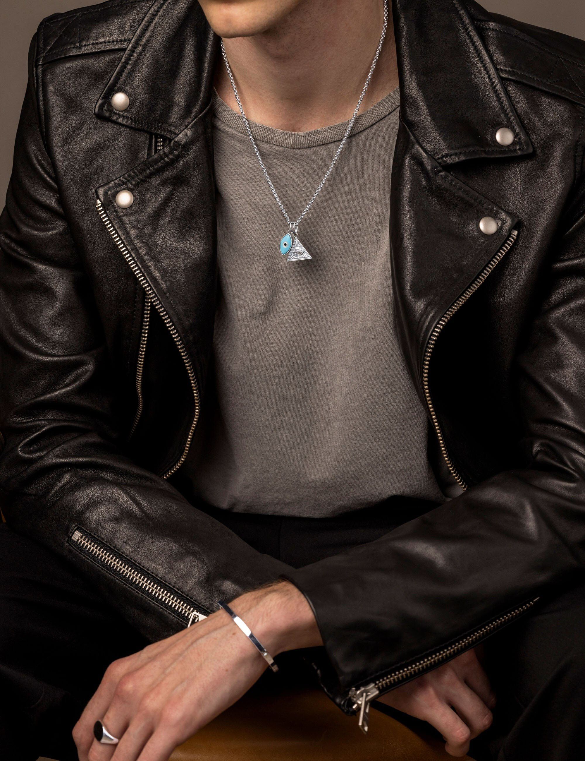 Men's Silver Necklace with Turquoise Evil Eye and Eye of Ra