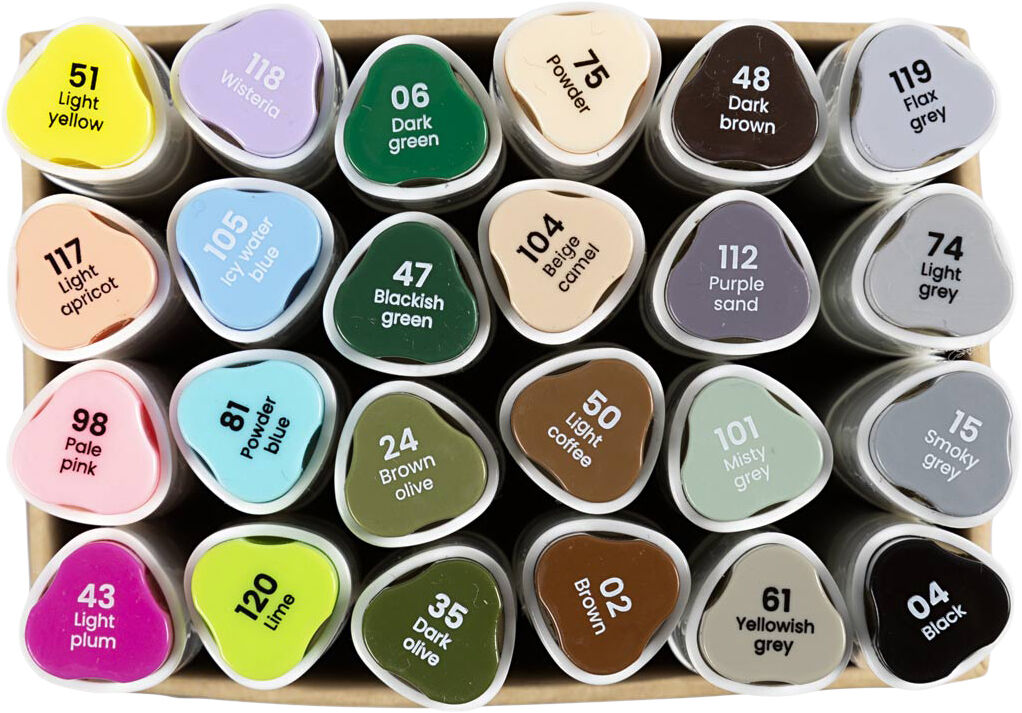 Tegnetusch, streg 1+8 mm, pastelfarver, standardfarver, 24st