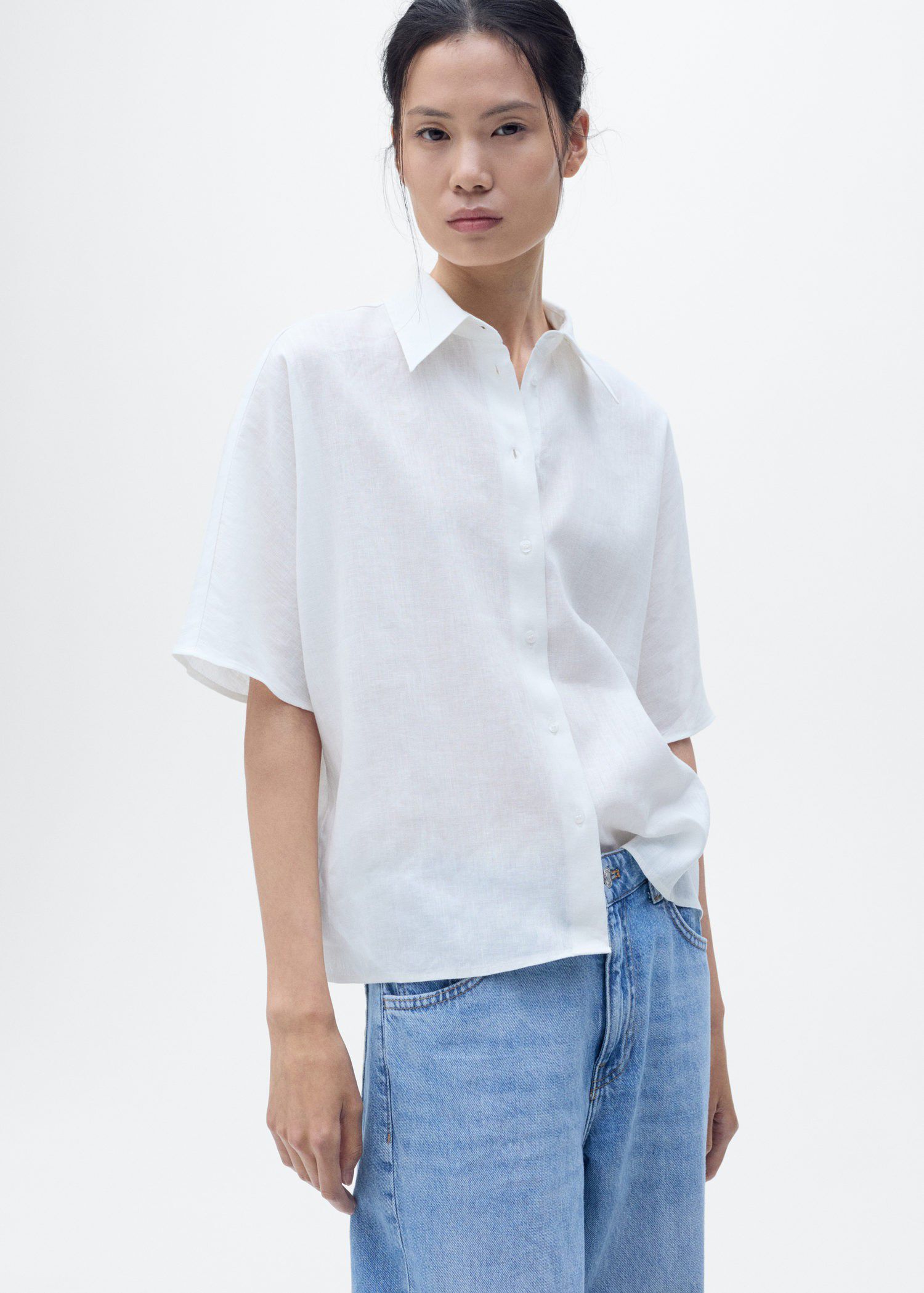 Short sleeve linen-blend shirt