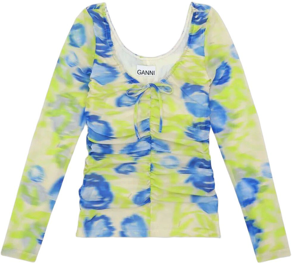 Printed Mesh U-neck Ruched Bluse