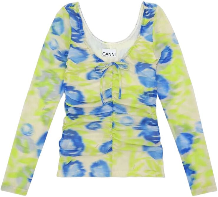 Printed Mesh U-neck Ruched Bluse