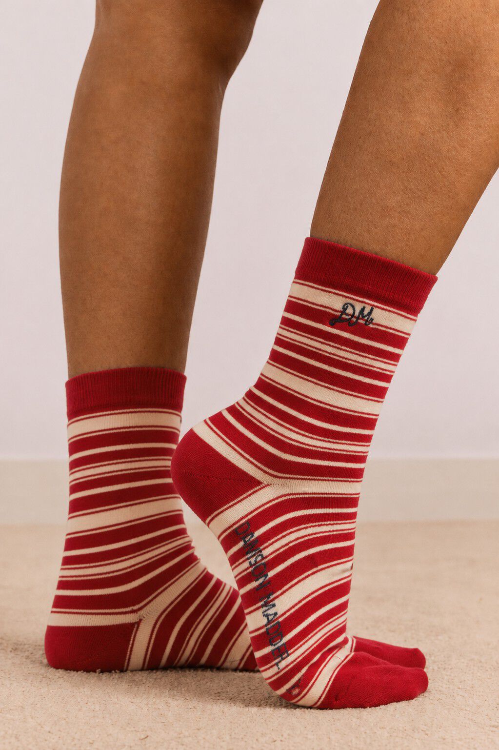 CALF LENGTH SOCKS - CREAM & RED STRIPE