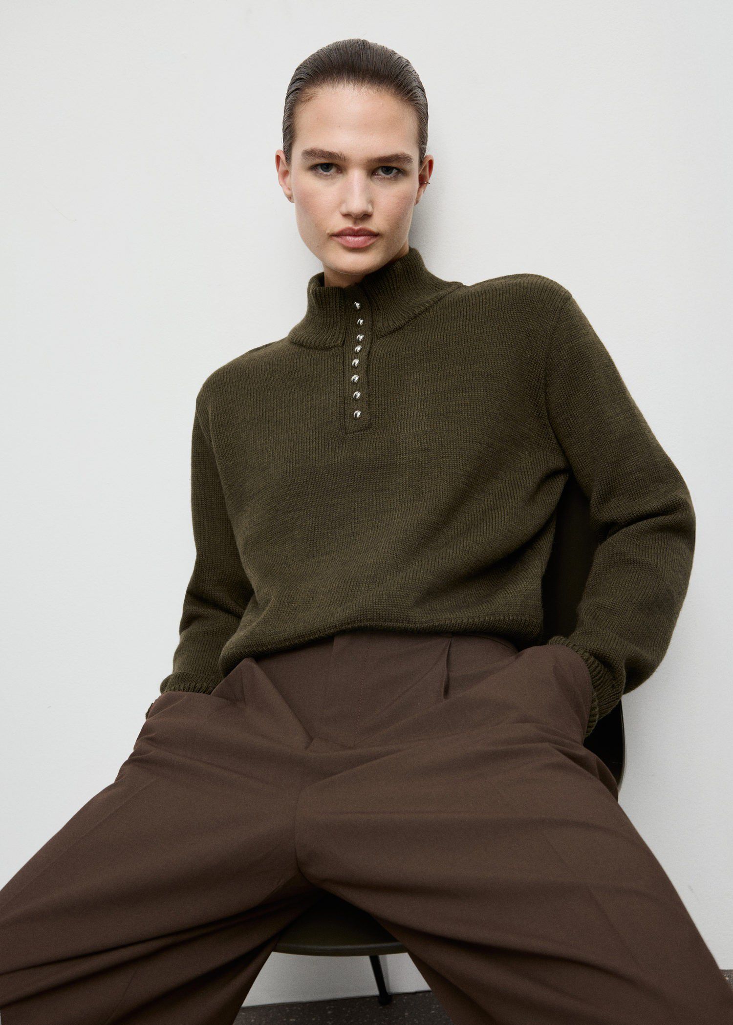 Perkins-neck sweater with button