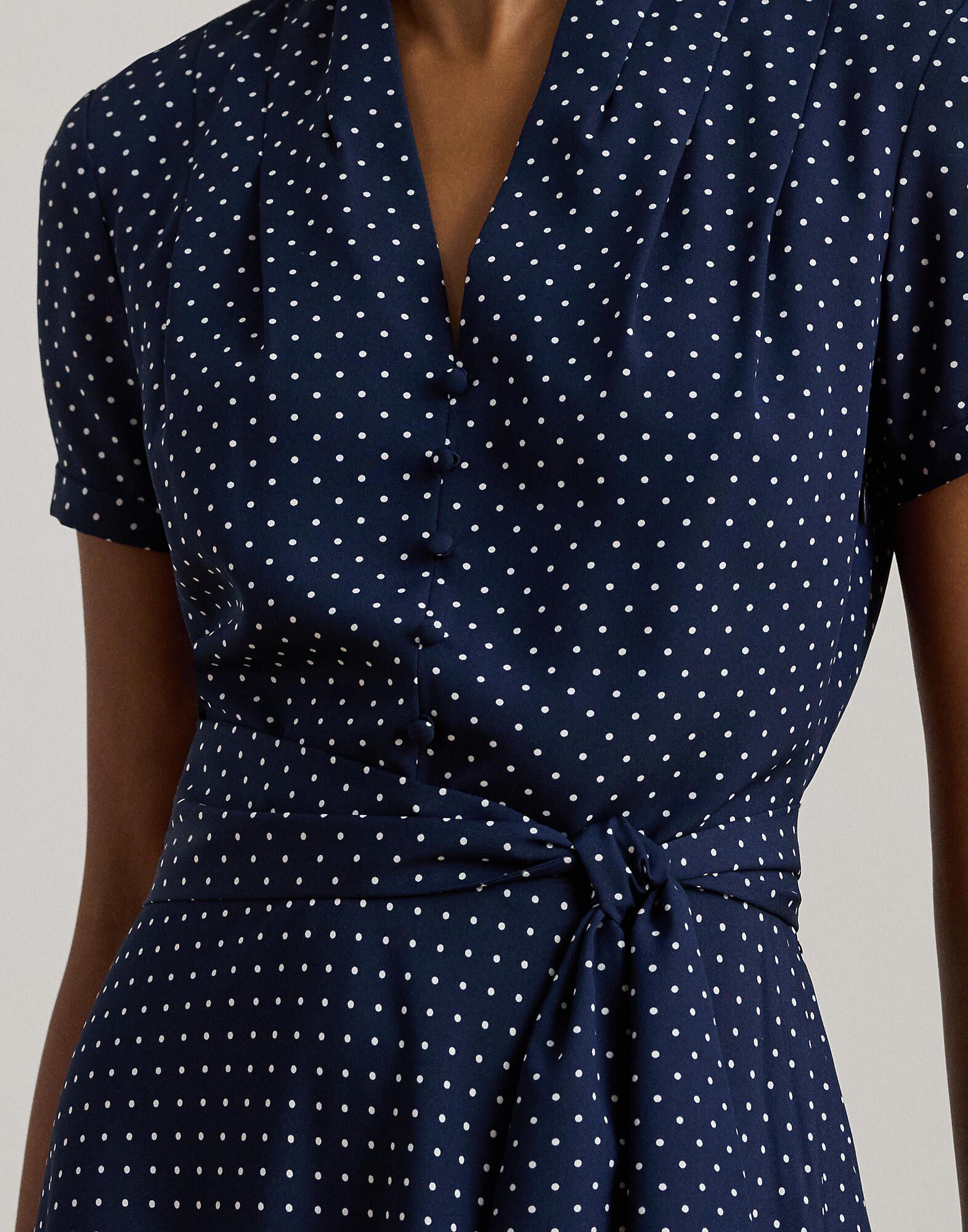 Polka-Dot Belted Crepe Dress