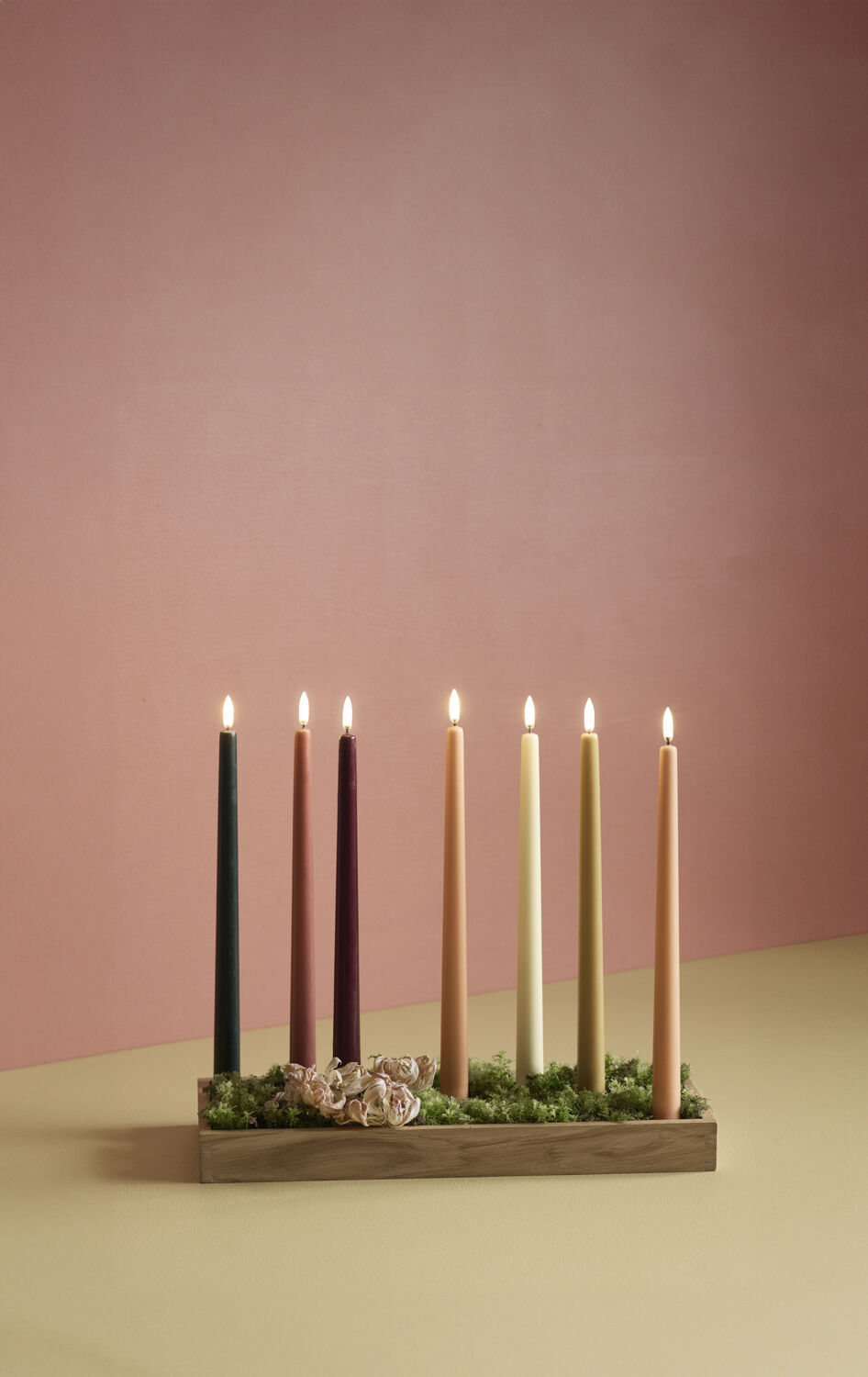 LED taper candle, Pine green, smooth, 2-pack, 2,3x25 cm