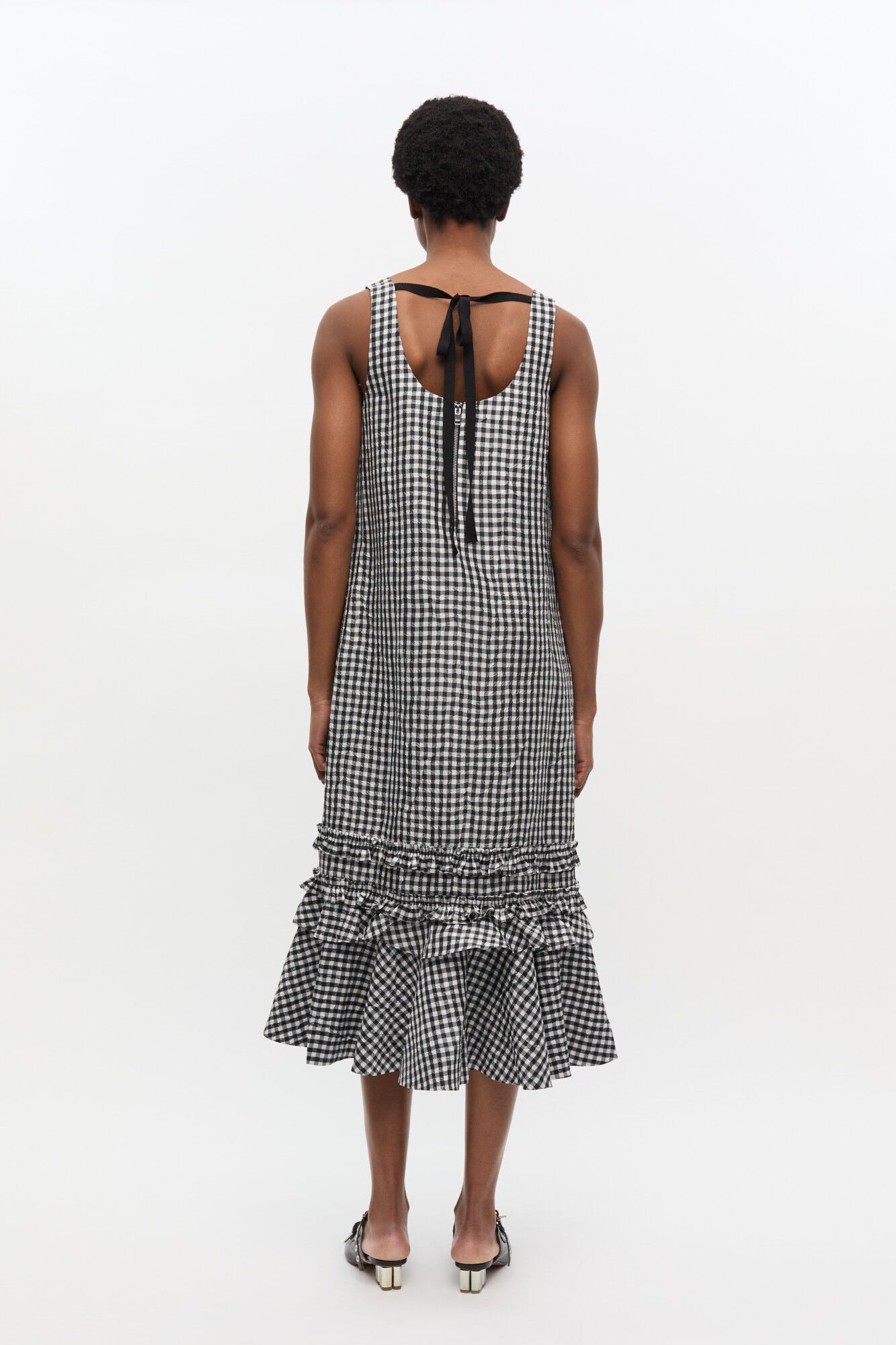 Crinkled Taffeta Check U-neck Long