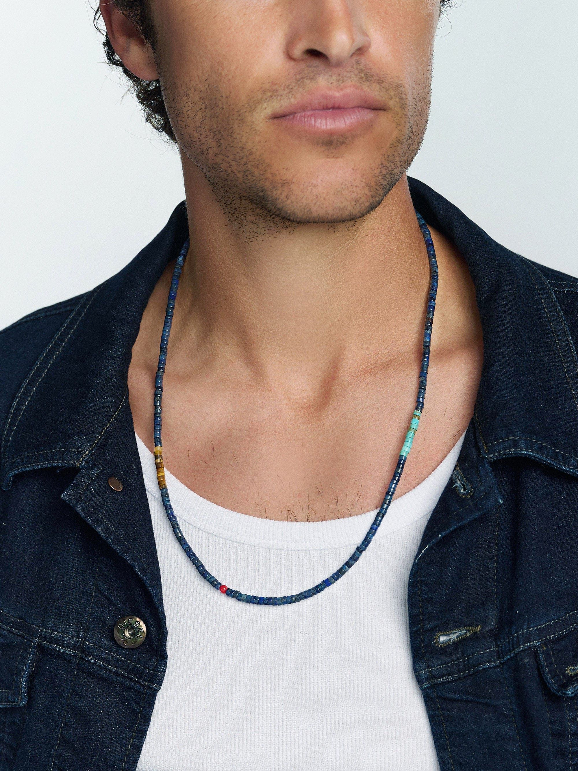 Blue Lapis Heishi Necklace with Tiger Eye and Turquoise