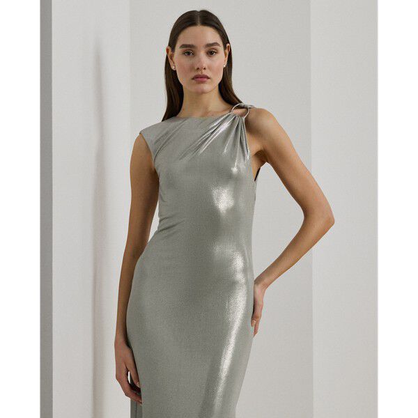 Buckle-Trim Metallic Sleeveless Gown