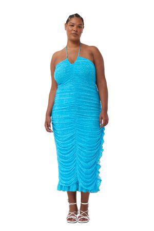 Printed Mesh Halterneck Gather Dres