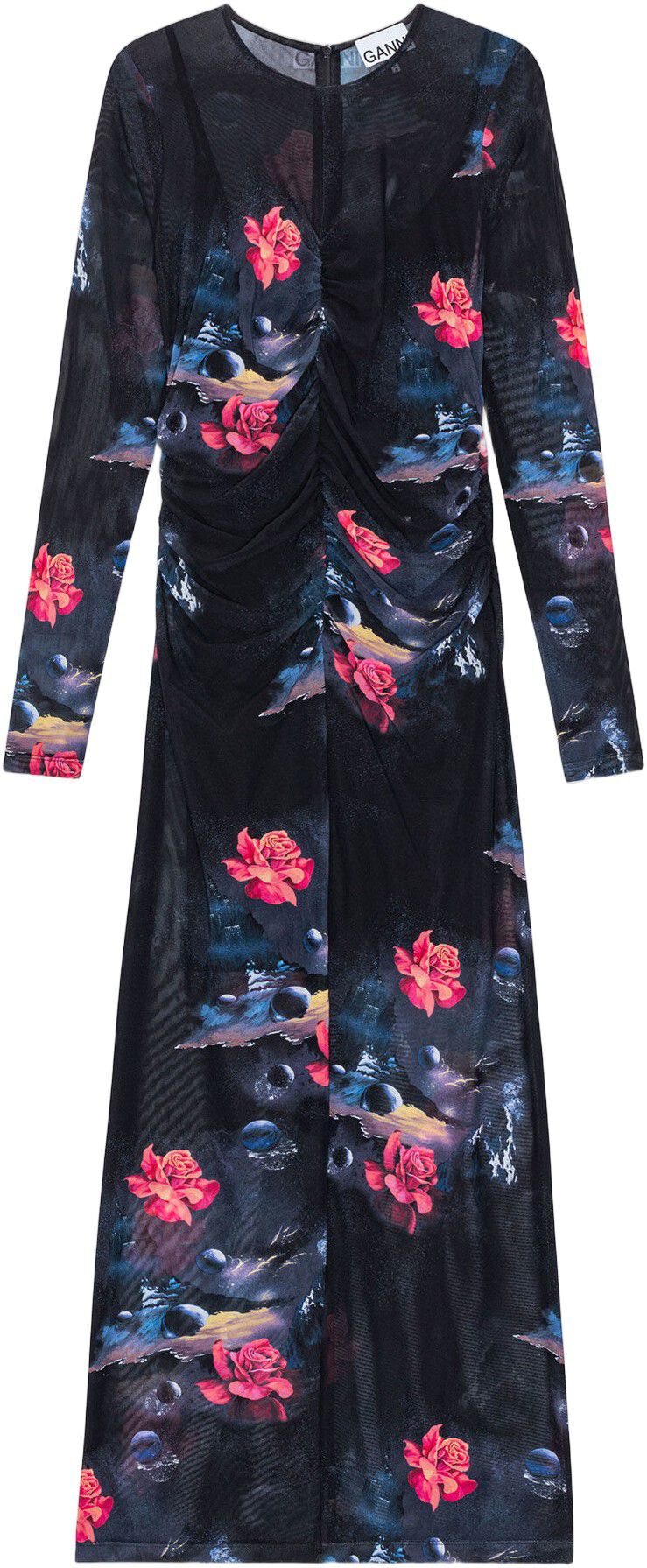 Printed Mesh O-neck Ruched Long Dre