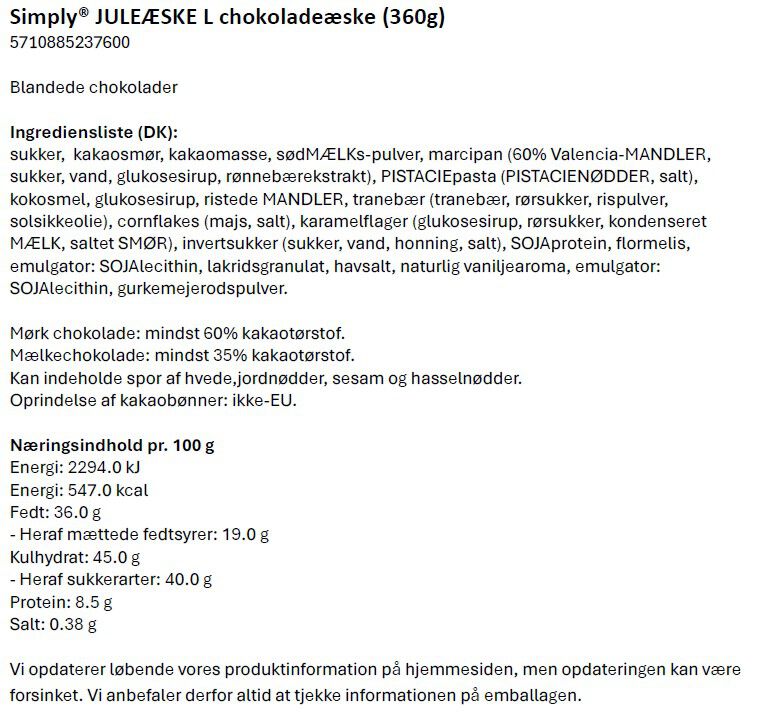 Simply&reg; JULE&AElig;SKE L chokolade&aelig;ske (360g)