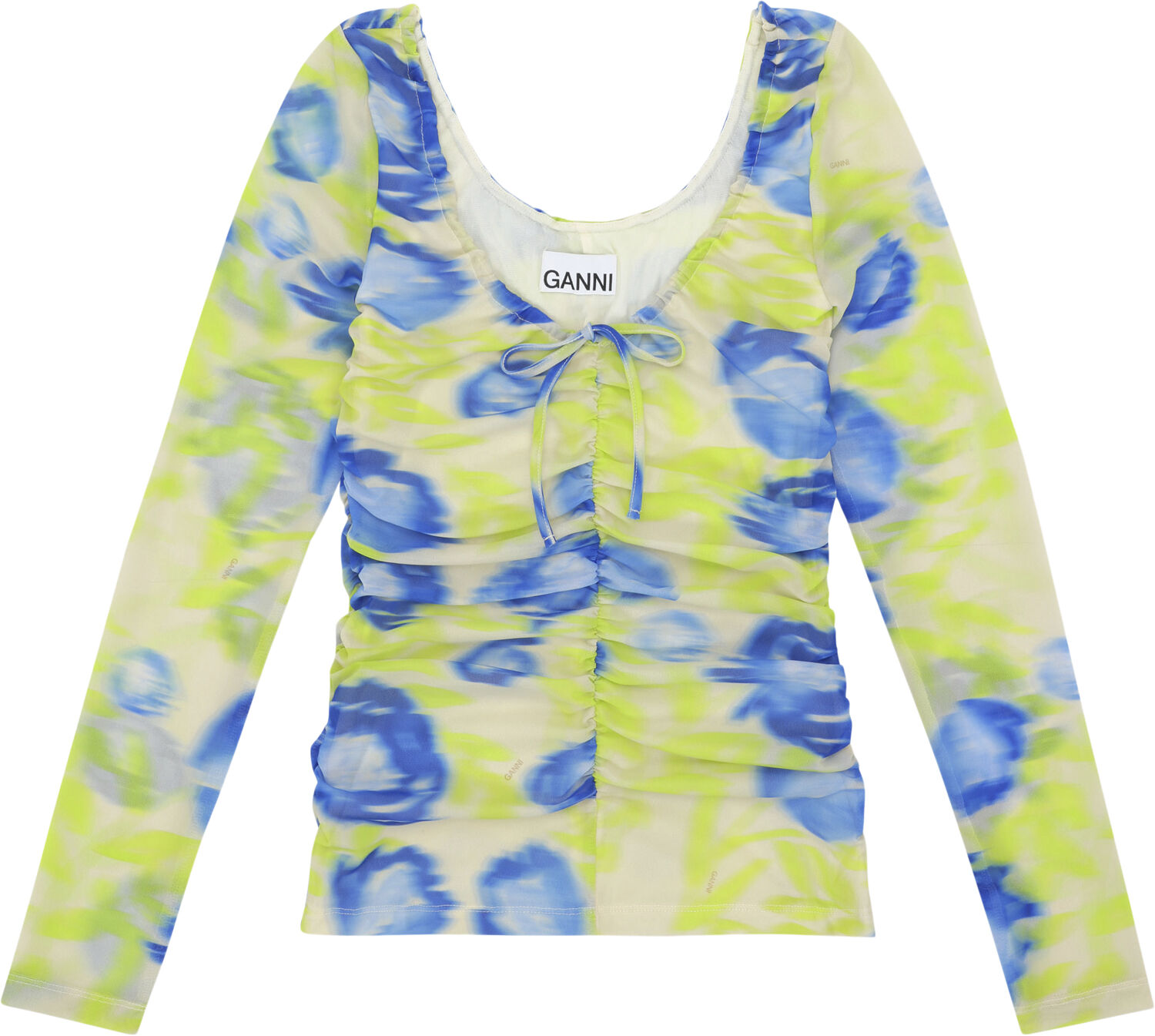 Printed Mesh U-neck Ruched Bluse