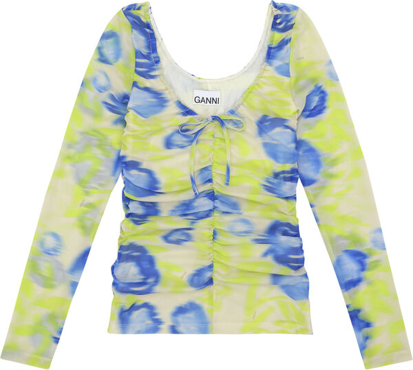 Printed Mesh U-neck Ruched Bluse