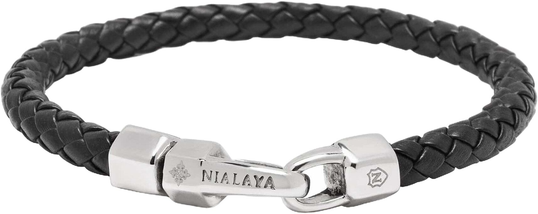 Braided Black Leather Bracelet in Silver