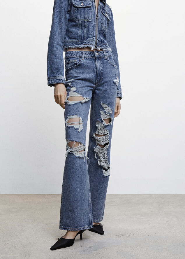 Ripped high-rise straight jeans