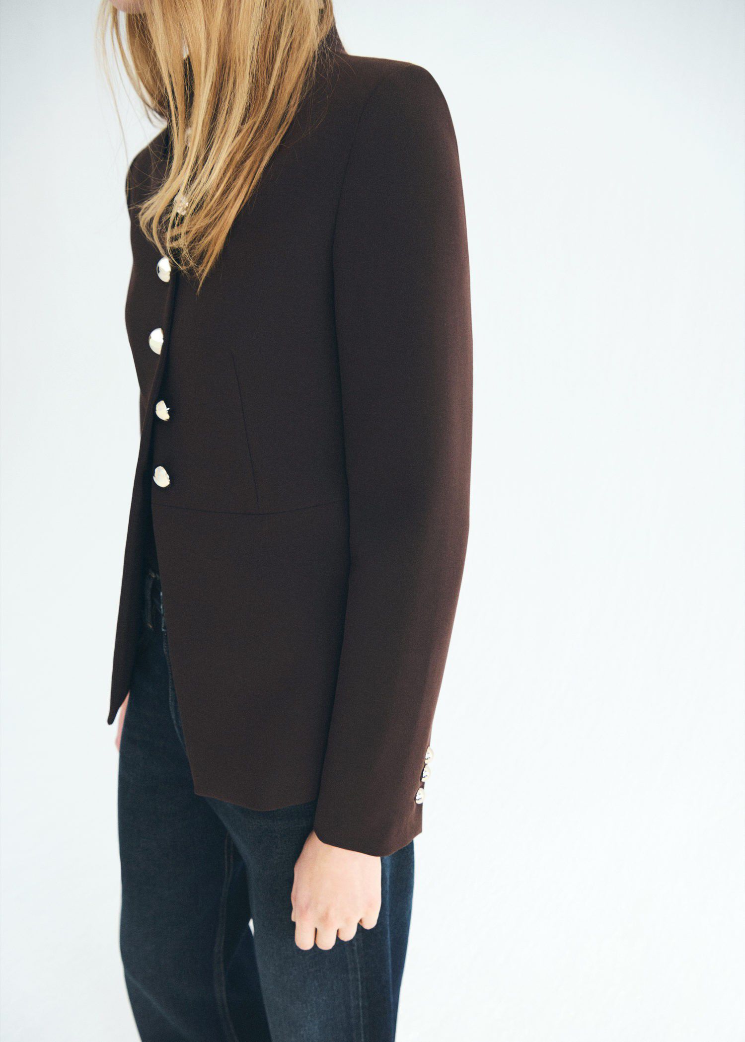 Jacket with jewel-button strip coll