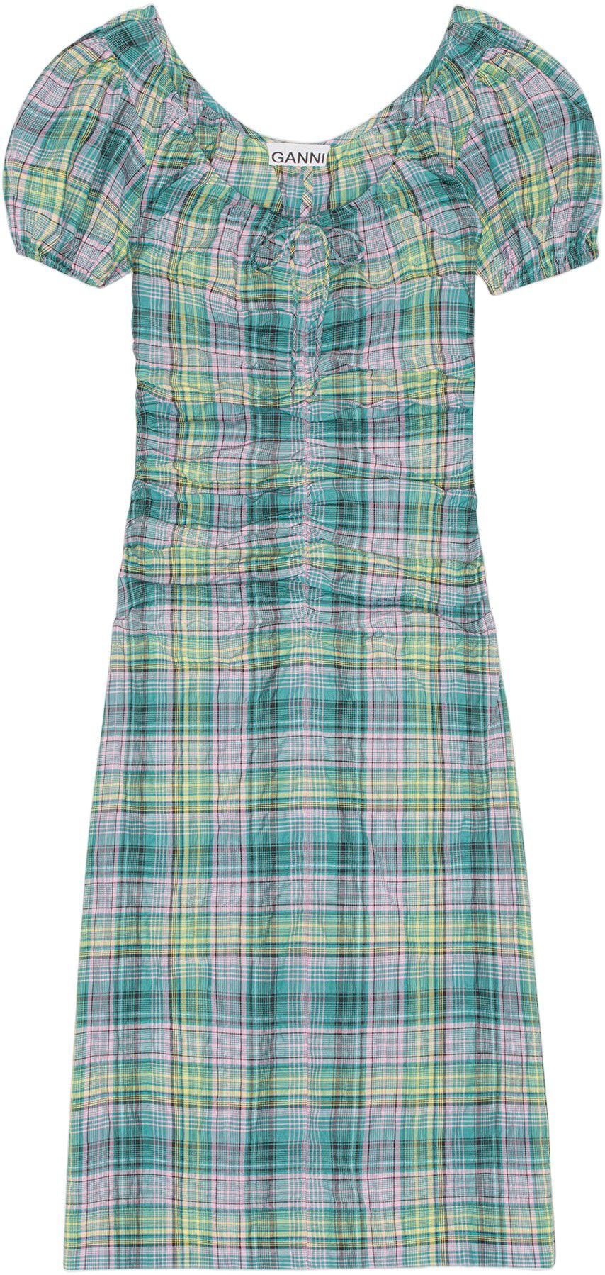 Seersucker Check Gathered U-neck Midikjole