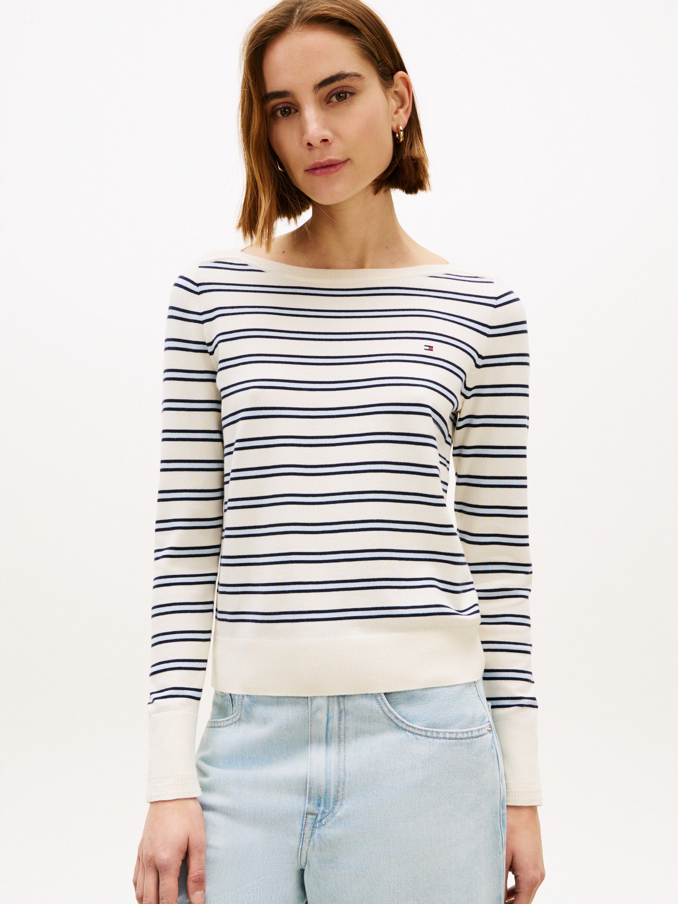 Gold-Tone Button Jersey Boat Neck Jumper