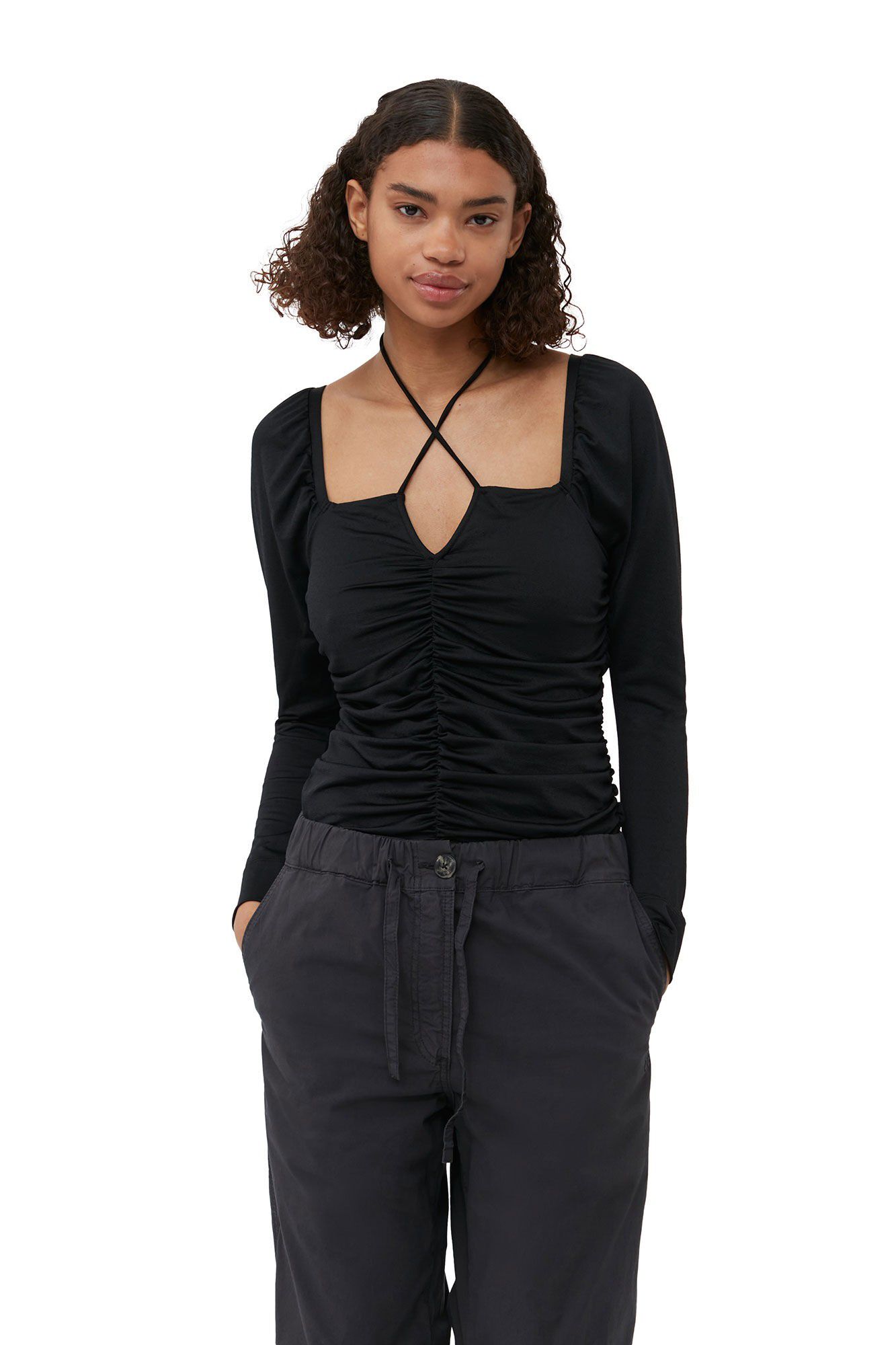 Shiny Crepe Jersey Ruched Blouse