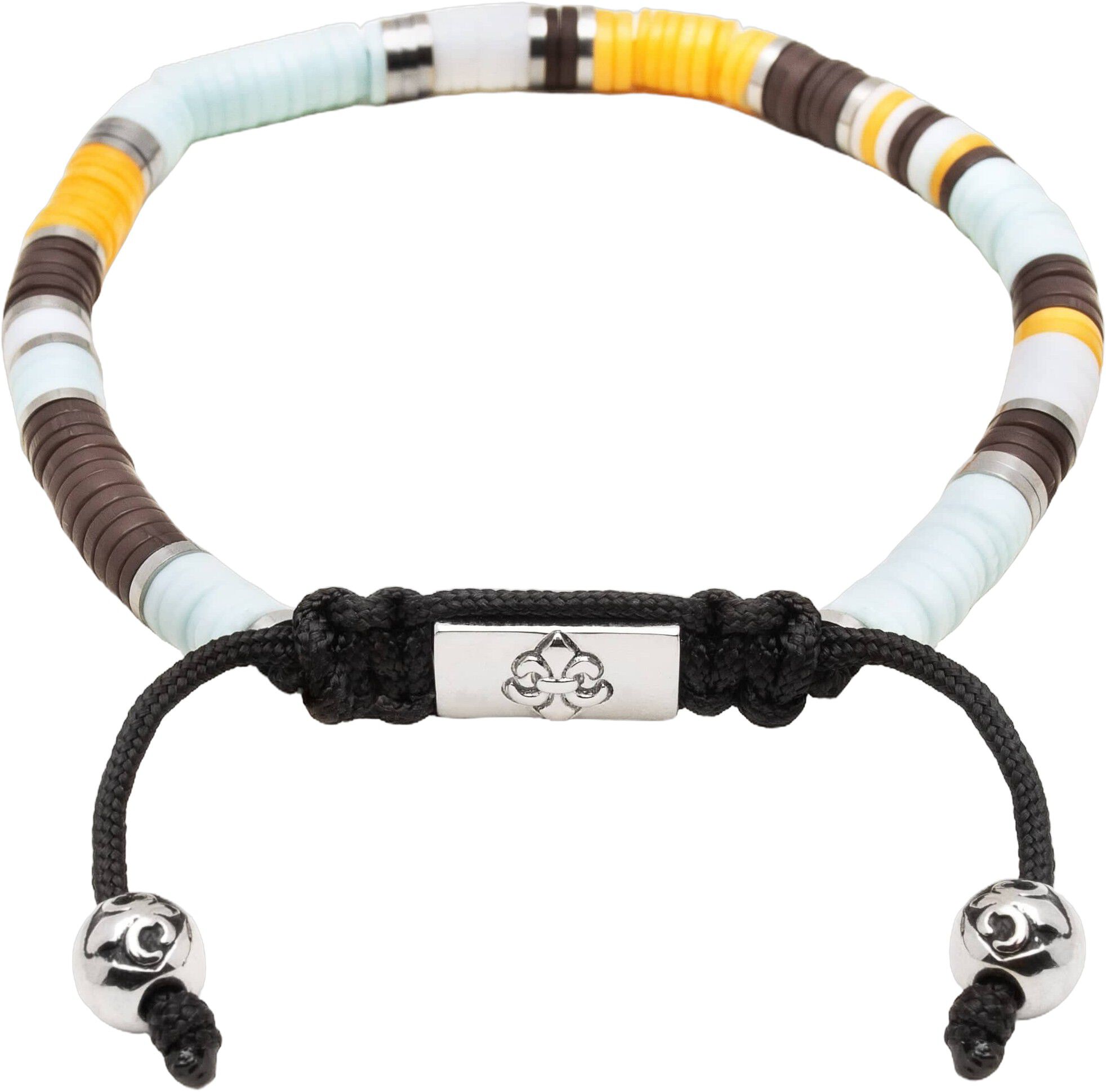 Men's Beaded Bracelet with Blue, Brown, Orange, White, and Silver Disc