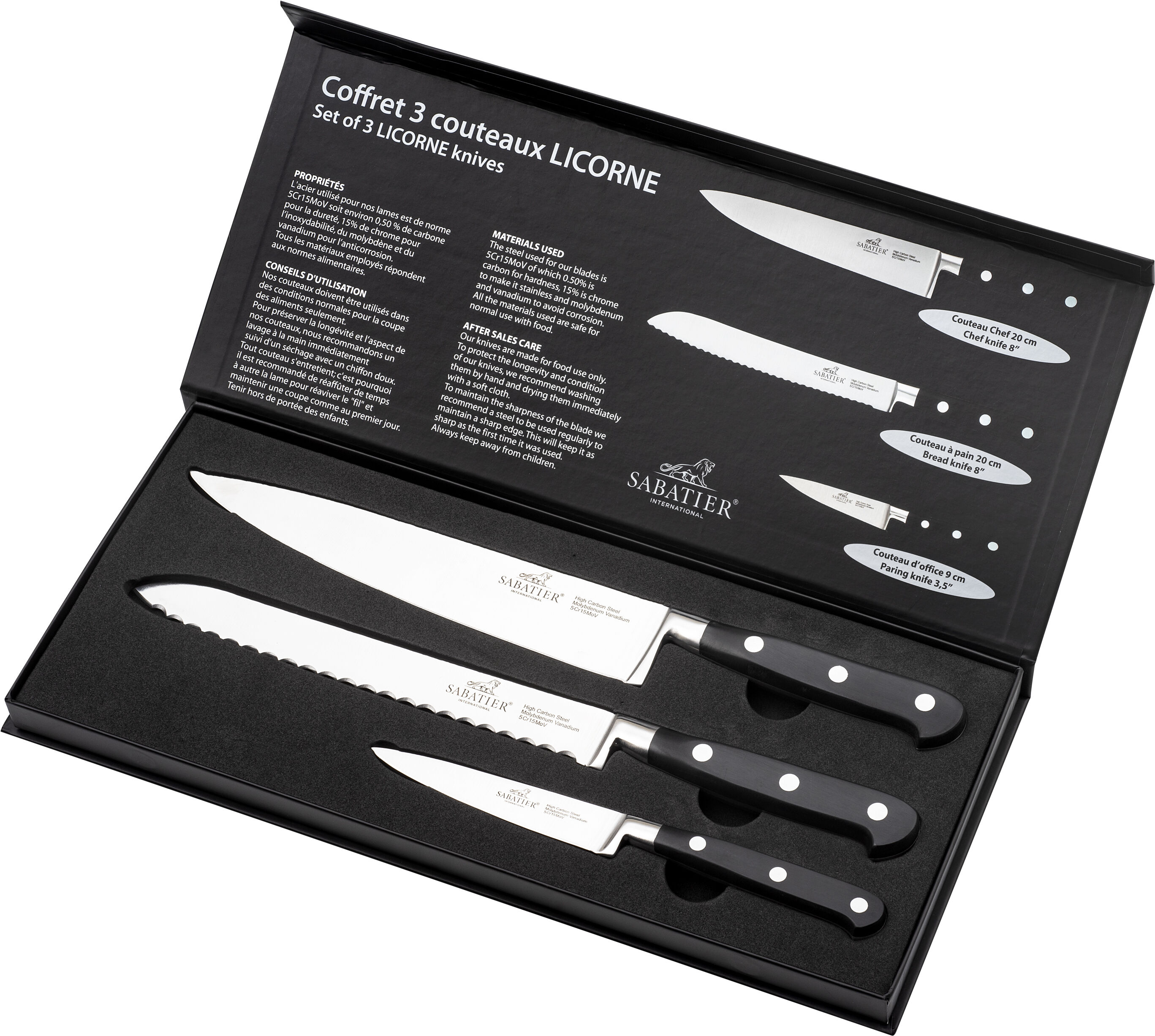 Knivs&aelig;t Licorne 3 dele St&aring;l/Sort