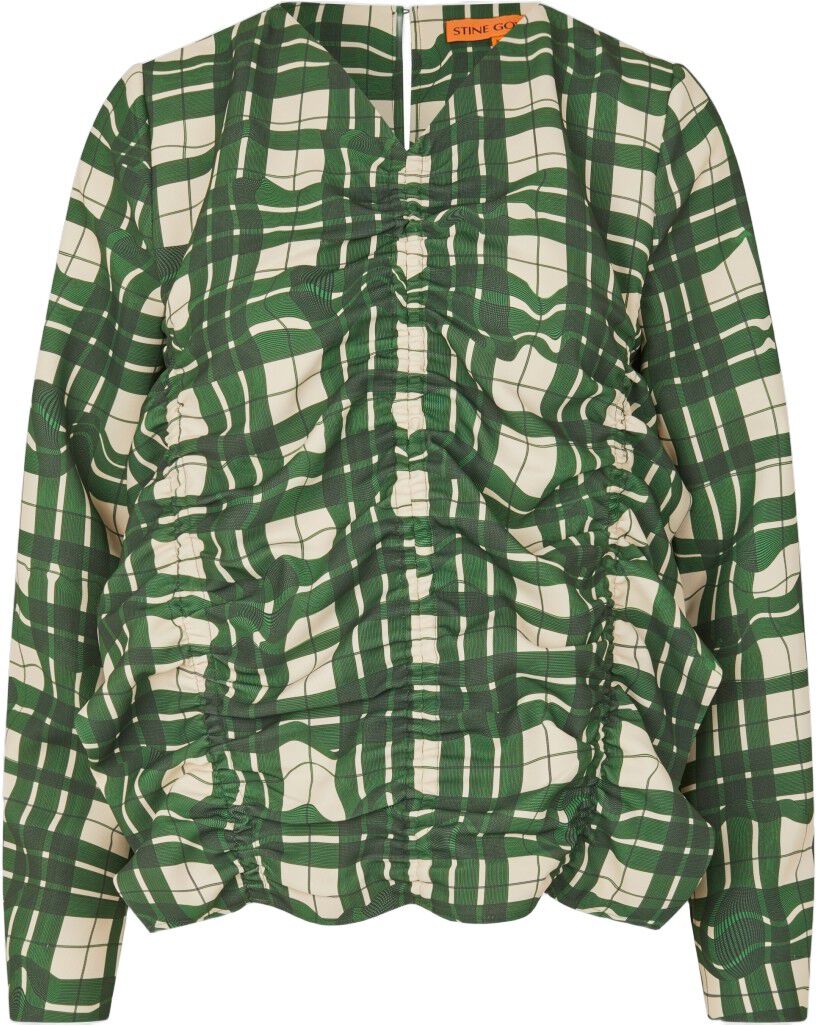 2429 Checkered Cady, Long Sleeve Gathered Ruffle Top