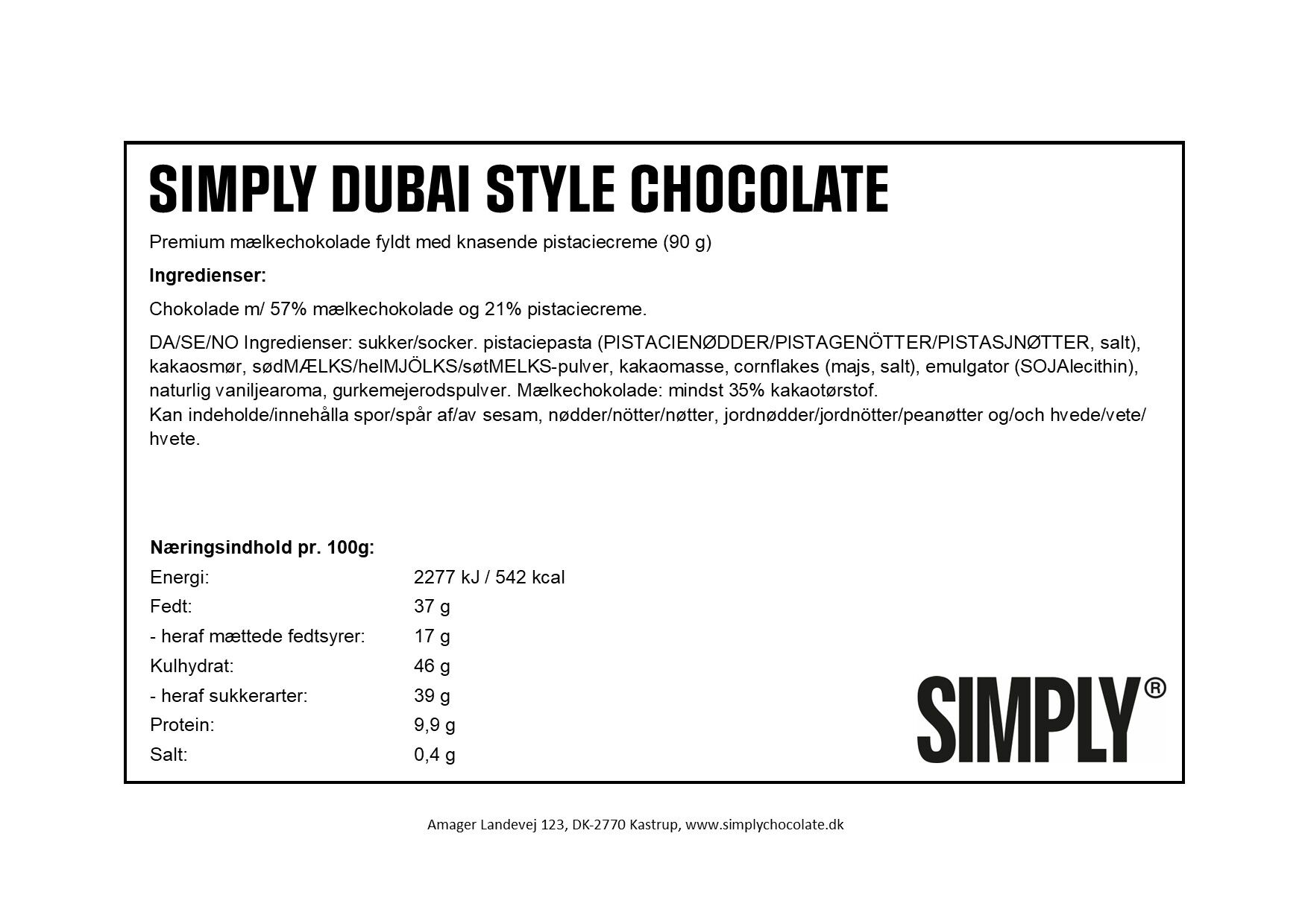 Simply&reg; DUBAI STYLE CHOCOLATE chokoladebar (90g)