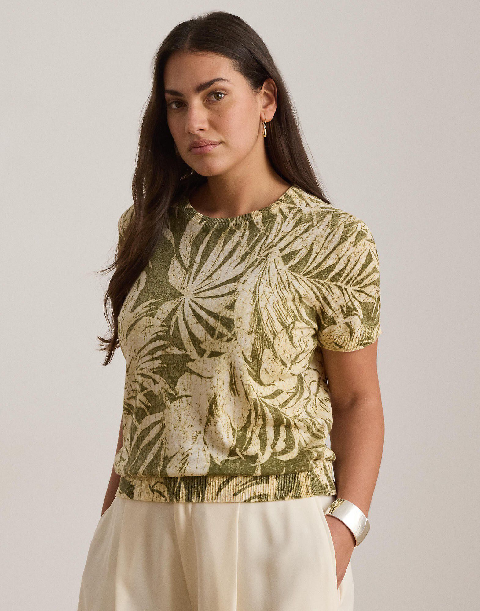 Palm-Frond-Print Short-Sleeve Sweater