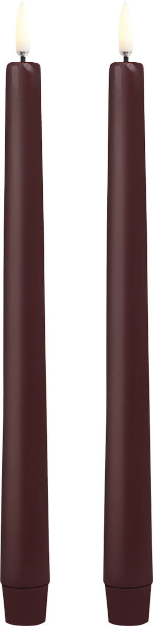 LED taper candle, Wine red, smooth, 2-pack, 2,3x25 cm