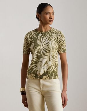 Palm-Frond-Print Short-Sleeve Sweater