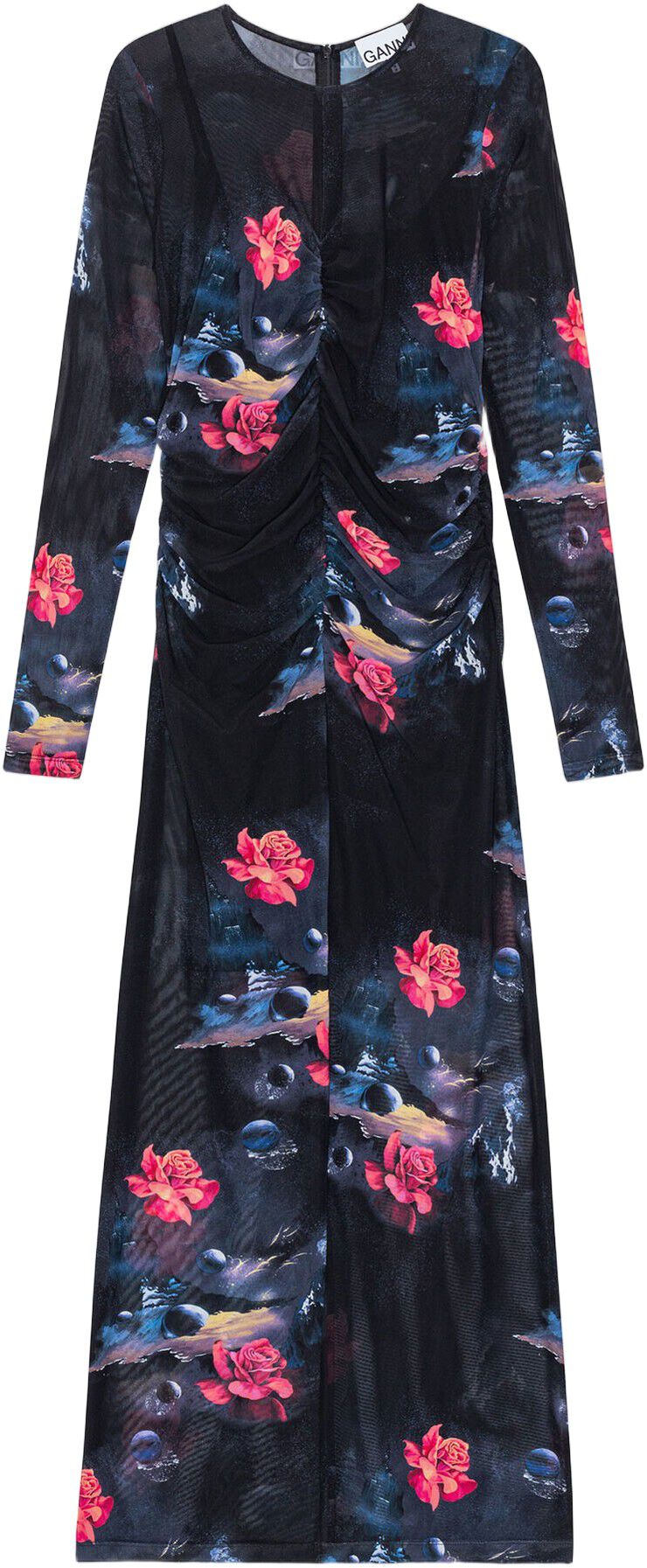 Printed Mesh O-neck Ruched Long Dre