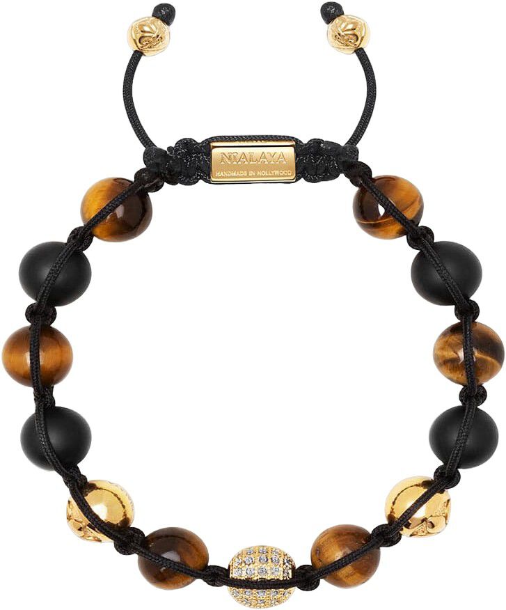 Men's Beaded Bracelet with Gold, CZ Diamond, Matte Onyx, and Brown Tig