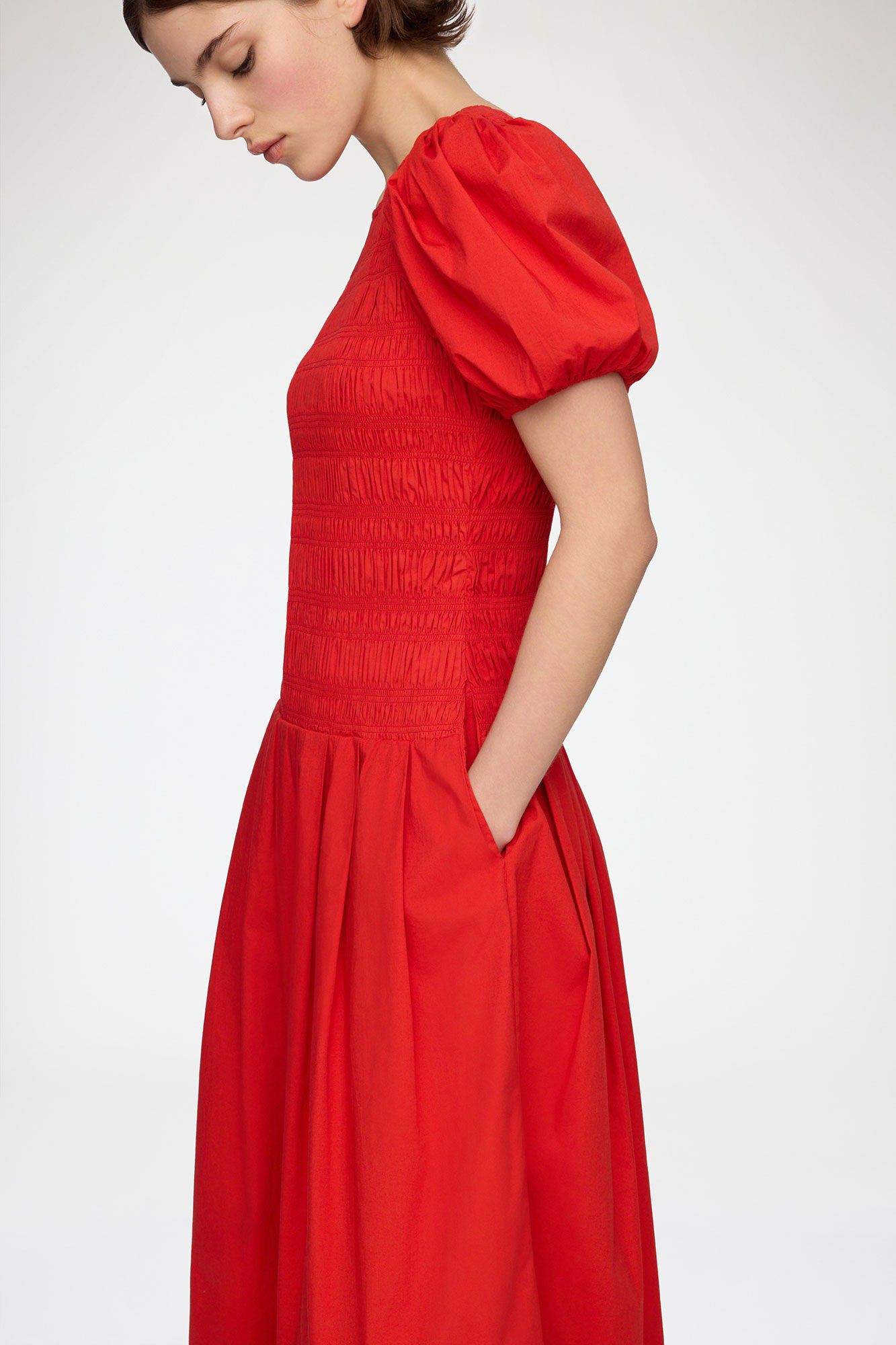 Stretch Cotton Long Smocked Pleated
