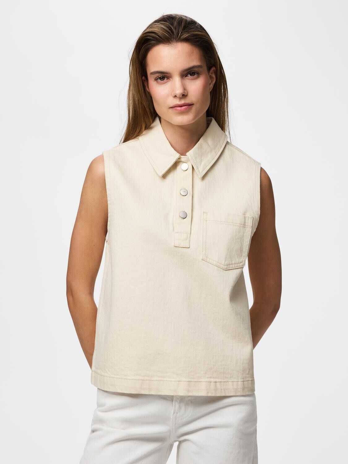 PCGRACE SL DENIM POLO TOP BC