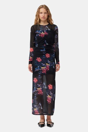 Printed Mesh O-neck Ruched Long Dre