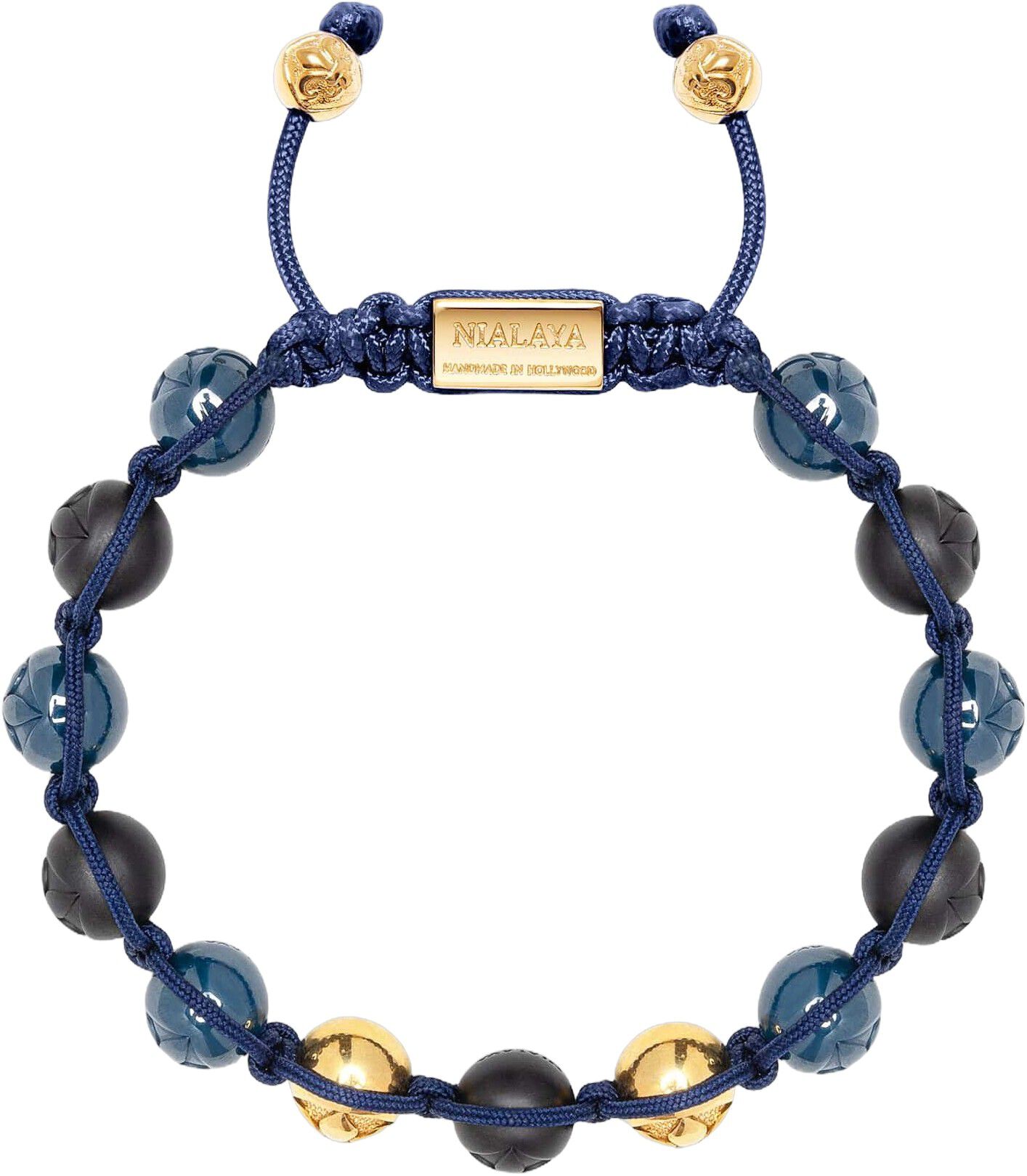 Men's Beaded Bracelet with Matte Black, Glossy Blue Ceramic & Gold Bea