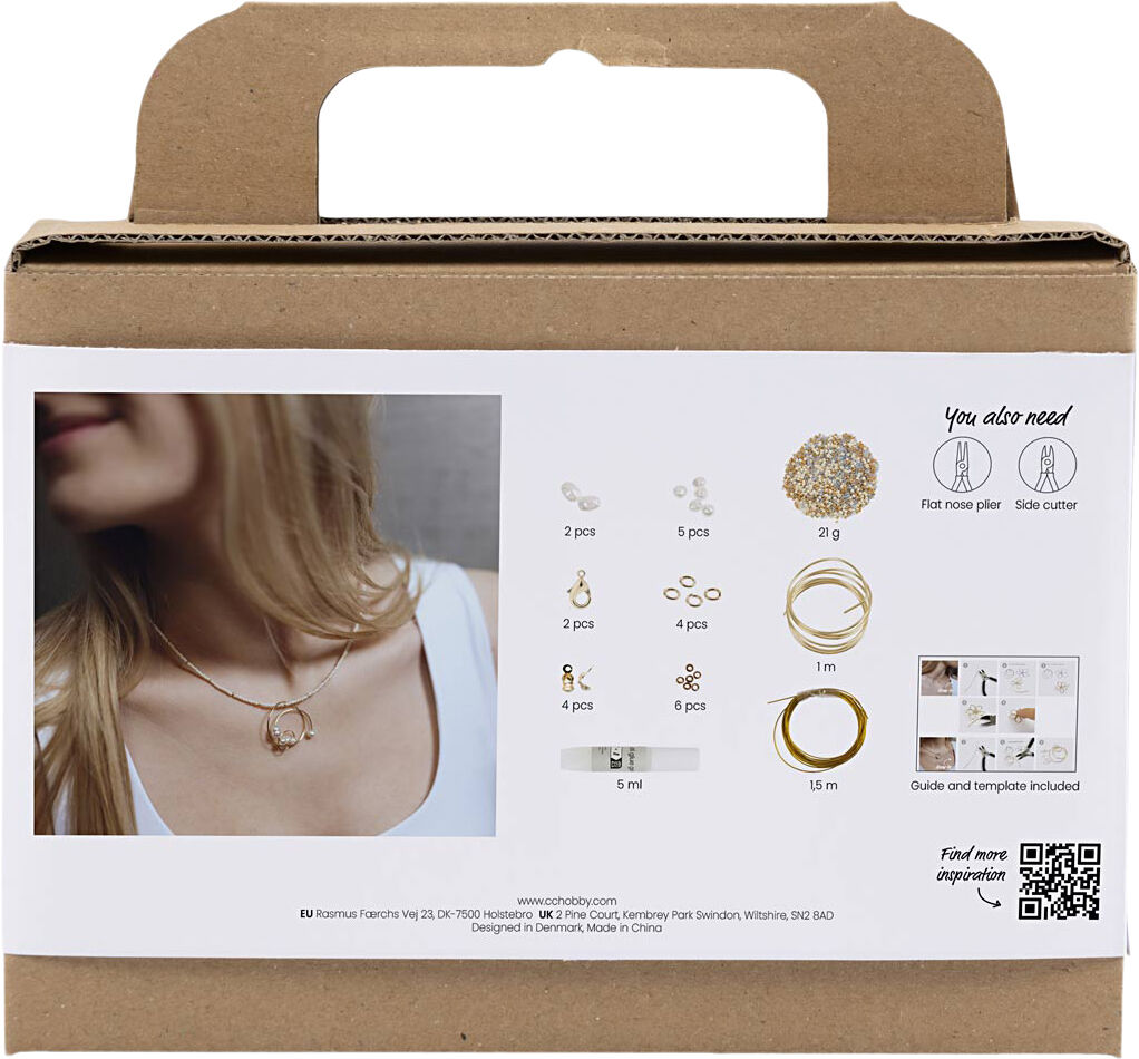 Mini DIY Kit Smykker, Halsk&aelig;de med wirevedh&aelig;ng, forgyldt