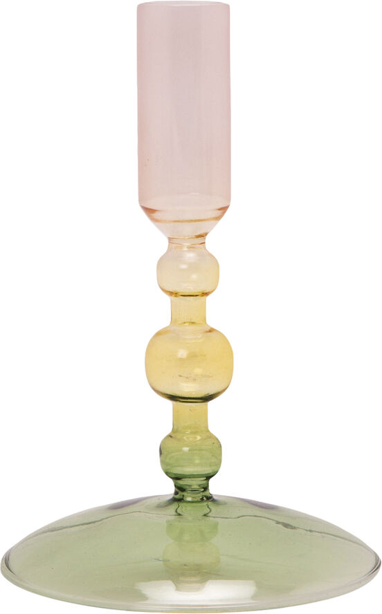 Glas lysestage, grøn/gul/pink, 15xø10 cm