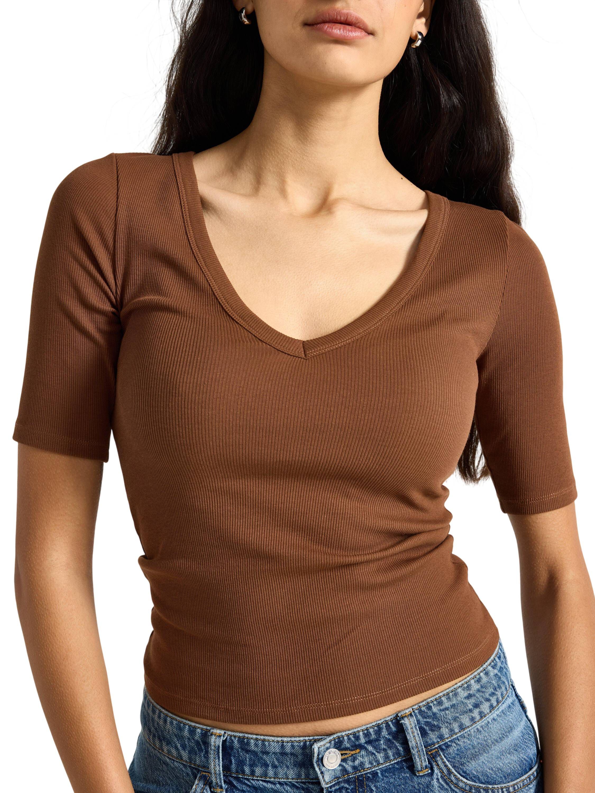 Ribbestrikket topp med korte ermer,