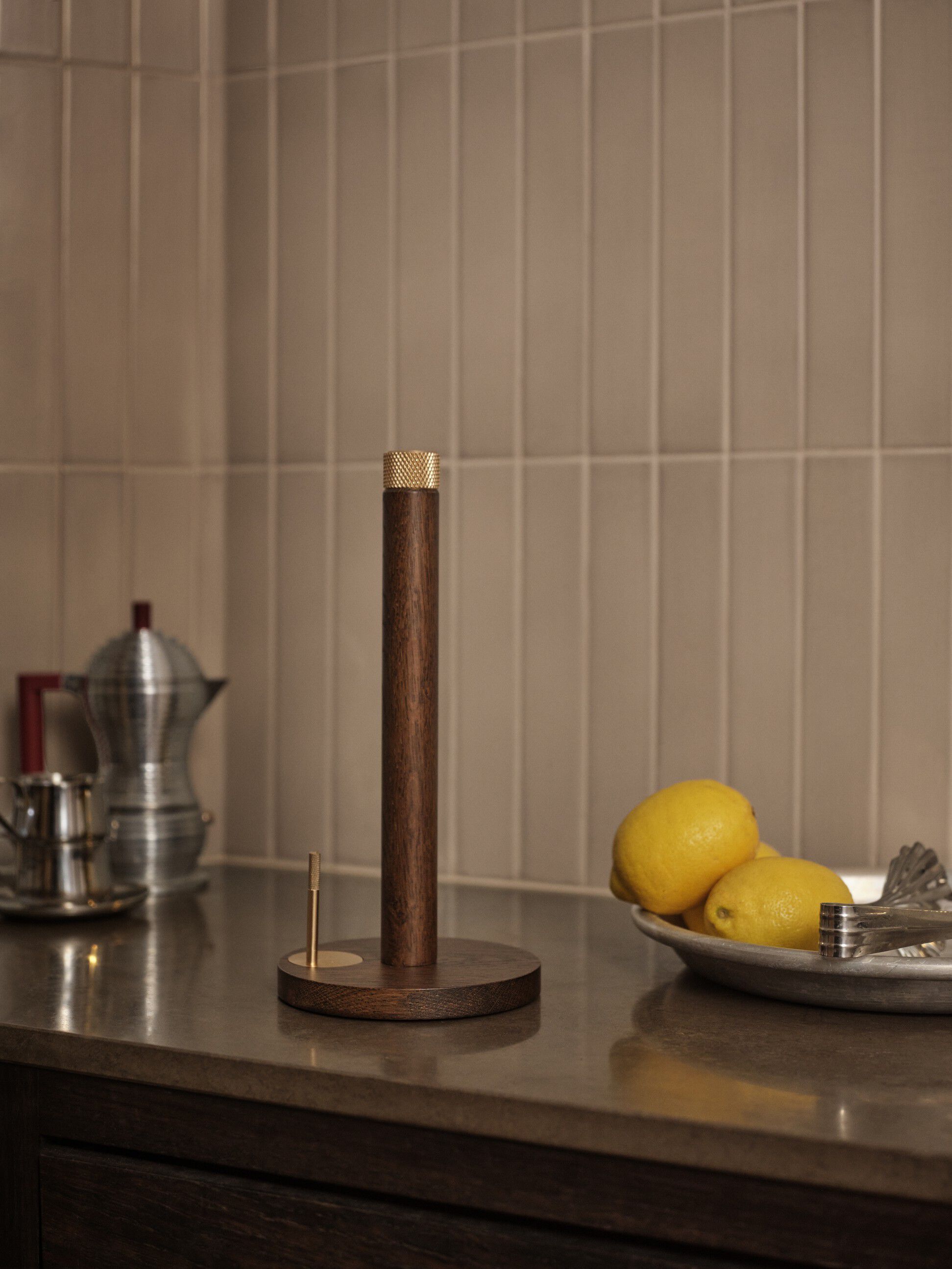 SINA Kitchen Roll Holder Dark Oak Brass
