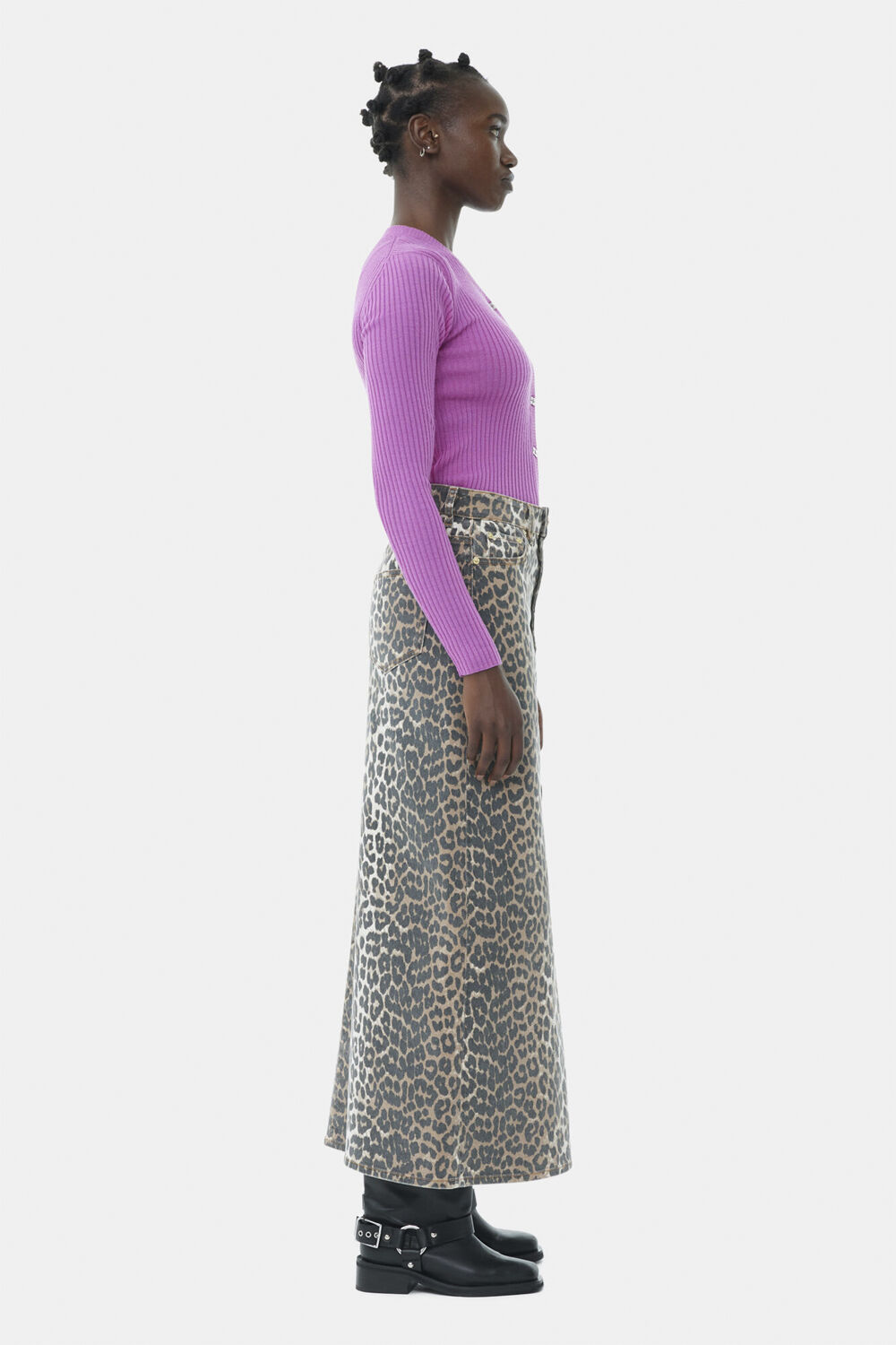 Print Denim Maxi Slit Skirt