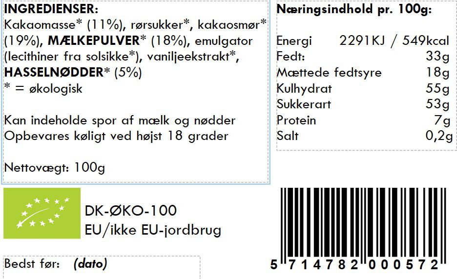 100gr Plade - M&aelig;lkechokolade / Piemonte hasseln&oslash;dder